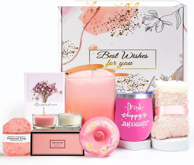 Birthday Spa Gift Box for Women – Relaxing Pink Set with Wine Tumbler & Bath Essentials
