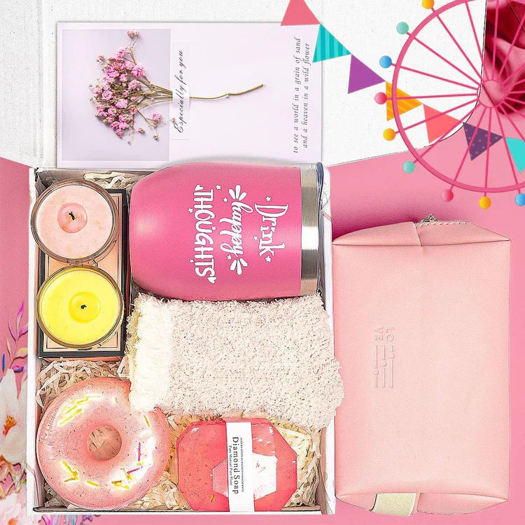 Birthday Spa Gift Box for Women – Relaxing Pink Set with Wine Tumbler & Bath Essentials
