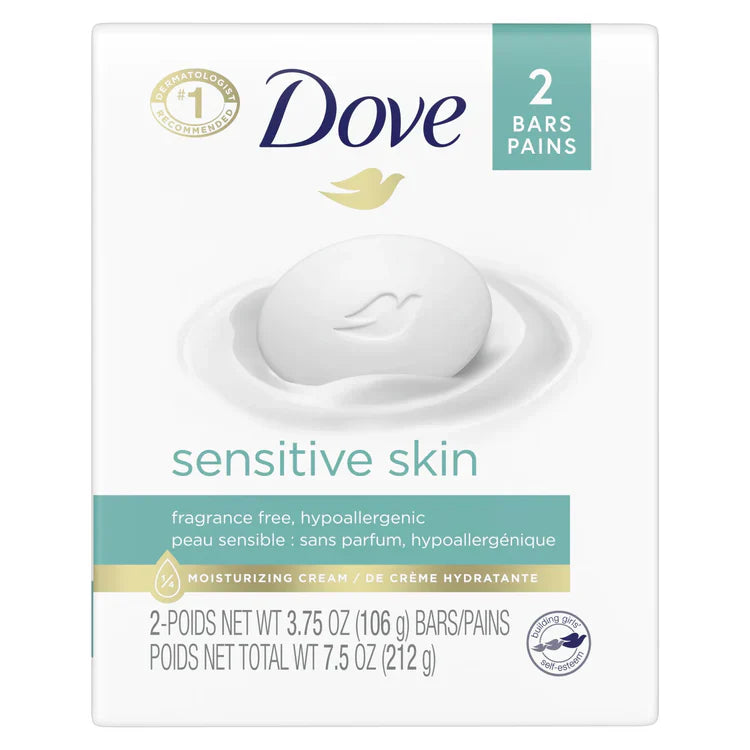 Sensitive Skin Beauty Bar – Unscented Hypoallergenic Bath Soap (2-Pack, 3.75 oz)