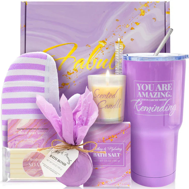 Lavender Bath Gift Set for Women – 8-Piece Spa Basket with 20oz Tumbler